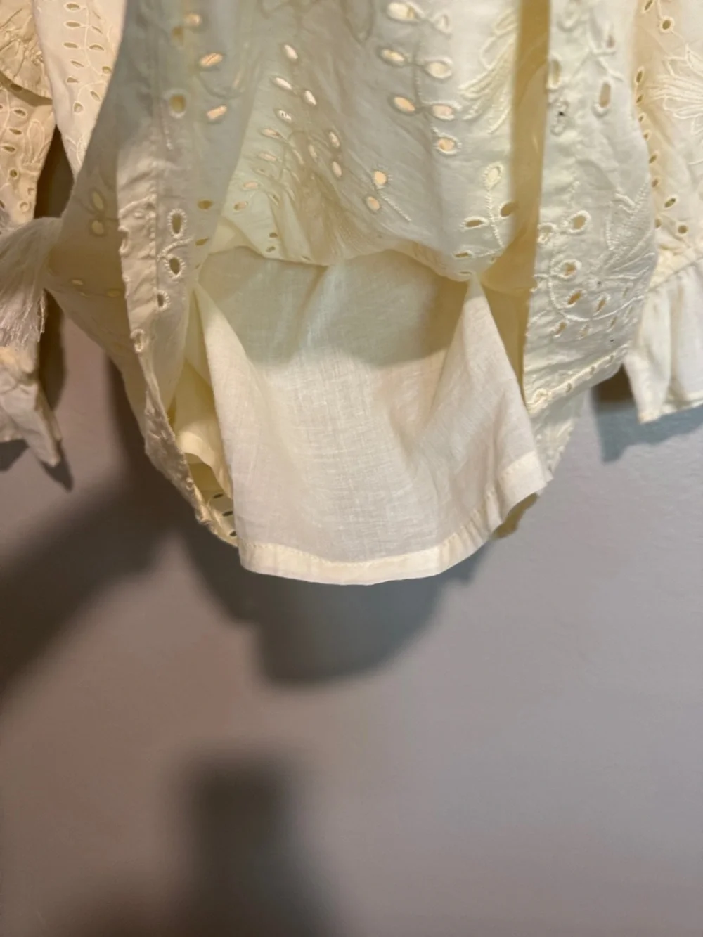 Anthropologie Cream Eyelet Off-Shoulder Peasant Blouse with Tassel